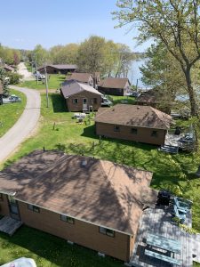 Birds eye view of a few cottages.